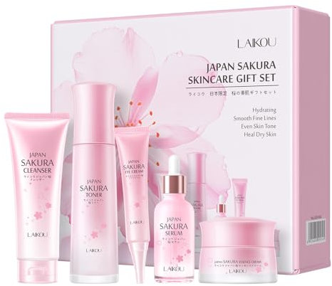 LAIKOU Sakura Skincare Gift Set: Luxury Glass Bottle Kit for Women & Teenage Girls, Cleanser, Toner, Serum, Eye Cream & Moisturizer