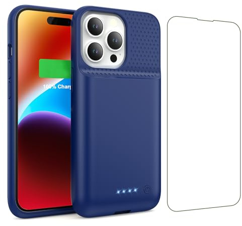 QTshine Battery Case for iPhone 13/13 Pro/14,[2025 Upgraded] 7500 mAh Ultra-Slim Portable Extended Charger Cover for iPhone 13/13 Pro/14 Charging Case (6.1 Inch)-Blue