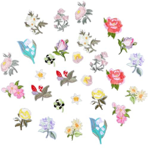28 Pcs Iron on Flowers Sew on Patches,Mini Flowers Iron On Patches Retro Mini Floral Embroidery Patch 14 Patterns Decorative Embroidered Floral Applique for Clothing,Backpacks,Jeans,Hat,Jacket