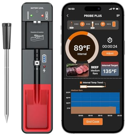 Fiorky 110 m lange Reichweite, intelligentes kabelloses Fleischthermometer, Bluetooth, kabelloses Fleischthermometer, Standalone-Basis, Grillthermometer for Smoker, Rotisserie, Küche