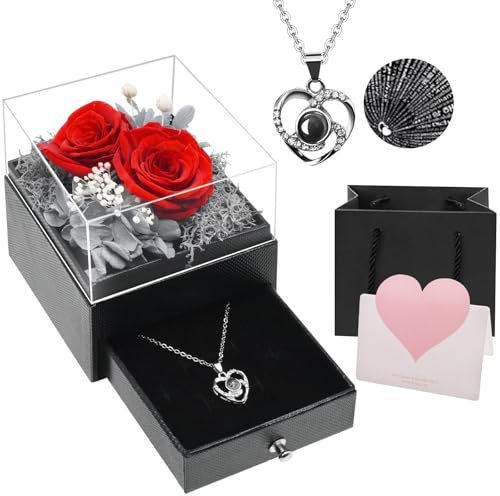 Yiomxhi Rose Eternelle avec Collier Coeur, Rose Préservé Stabilisée Fleur, Cadeau pour Femme Maman Elle, Conservée Rose Boîte Fete des Meres, Noël, Saint-Valentin, Anniversaire, Noel, Rouge