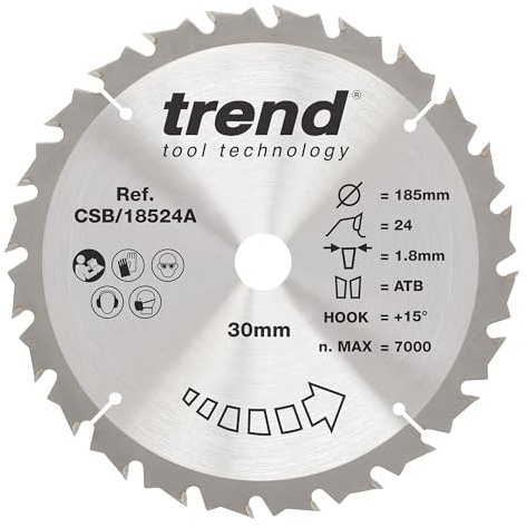 Trend Wood Cordless Circular Saw Blade, 185mm, 30mm Bore, 24T, TCT | Medium Finish Wood Cutting Blade With 24 Teeth, +15° Hook And 1.8mm Kerf For Cordless Saws, CSB/18524A