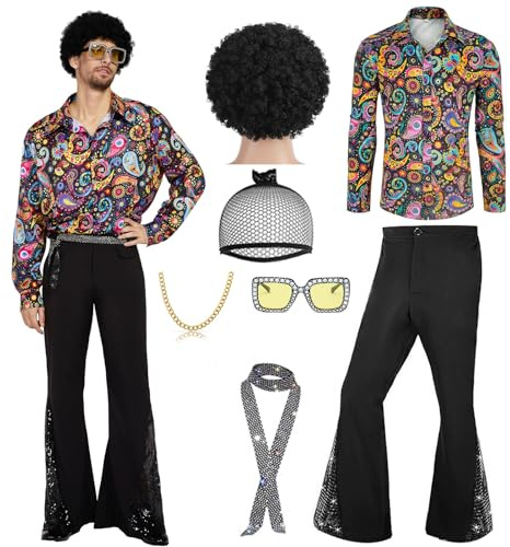 minkasic 70er Jahre Disco Kostüm Set Hippie Herren Outfit mit Schlaghose Hemd 80s Fasching Bekeidung für 50s 60s 70s Cosplay Halloween Party (Lila, XL)