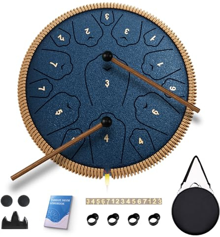 Stahl-Zungentrommel, 33 cm, 15 Töne Zungentrommeln, C-Dur Trommel Perkussionsinstrumente, Handpan-Trommeln mit Musikbuch, Trommelschlägel und Tragetasche (Marineblau)