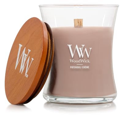 Bougie parfumée WoodWick avec mèche crépitante | Bougie Sablier moyenne Patchouli Crème | Bougies à combustion longue : Jusqu’à 60 heures | Le cadeau parfait pour les femmes