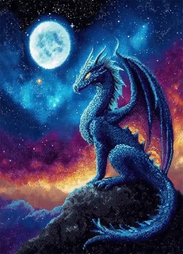 Wallphantom Schöner Sternenhimmel Knüpfteppich Zum Selber knüpfen,Tierischer blauer Drache,Knüpfsets Latch Hook Kit Selbst Knüpfen Set für Kinder und Erwachsene,Farbmuster vorbedruckt,52x38cm