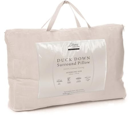 Littens Ultimate Super King Size Duck Down Surround Side Sleeper Support Pillow, Cotton, 50cm x 90cm (20 x 35)