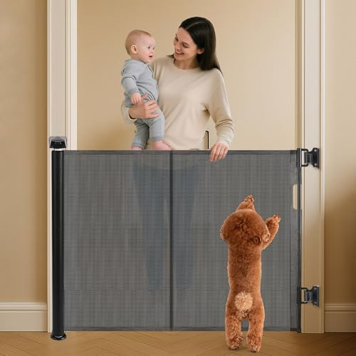 Retractable Stair Gate for Baby, Dog Gate extends up to 150cm, 86cm Tall, One Hand Operated Safety Baby Gate for Stairways & Hallways, Indoor & Outdoor (Black, 150CM)