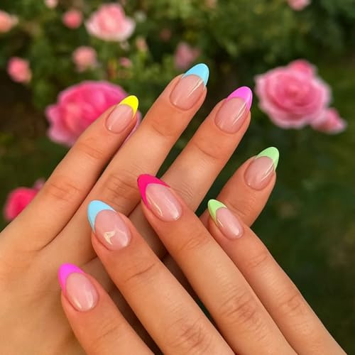 24PCS Colorful Pastel French Tip Almond False Nails — Rainbow Short Almond Press On Nails, 12 Sizes for Fit — Acrylic Fake Nails for Women Daily Wear, Multicolor Design (Colourful Macarons)