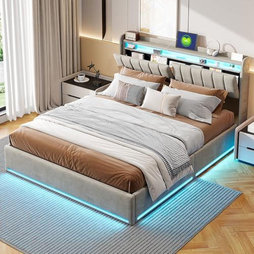 BLSYHDH Bett mit Bettkasten, 160 x 200 cm, mit LED, gepolstert, mit Bettkasten, hydraulisch, Doppelbett mit Aufbewahrung, Polsterbett für Erwachsene, Truhe (Grau + Samt, 160 x 200 cm)
