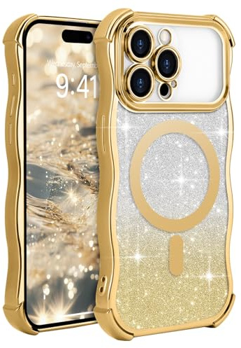 Wirvyuer for iPhone 14 Pro Max Wave Frame Bling Card Magnetic Case, Gold | Compatible with Magsafe Plating Removable Glitter Card Cover, Clear Shockproof Anti-scratch Slim Phone Case for Women Girls
