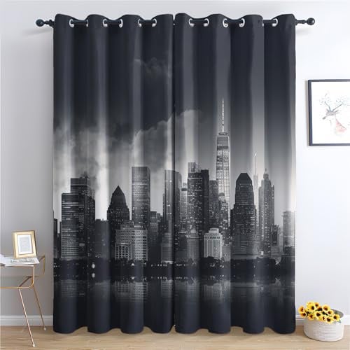 QEODAH New York Vorhänge Stadt Skyline Stadtansicht Nacht Vorhang Blickdicht mit Ösen, Verdunkelungsvorhang Gardinen für Schlafzimmer Wohnzimmer Fenster Deko, Blackout Curtain 2er Set H 245 x B 140 cm
