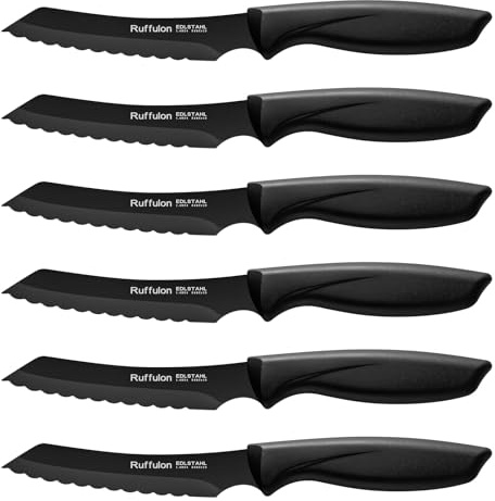 Ruffulon Steakmesser Set ,Edelstahl steakmesser set 6 teilig, Scharfe Gezahnte Steakmesser, Hochwertige Küchen-Steakbesteck, Spülmaschinenfest