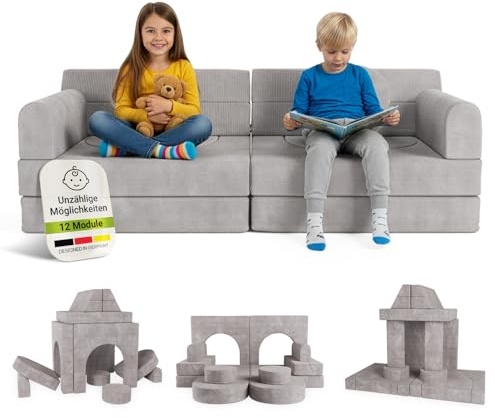 Juskys® Kindersofa Kayo – Cord, modular & weich, Sofa für Kinderzimmer & Spielzimmer, sicher, flexibel, pflegeleicht, mit abnehmbaren Bezügen – Hellgrau