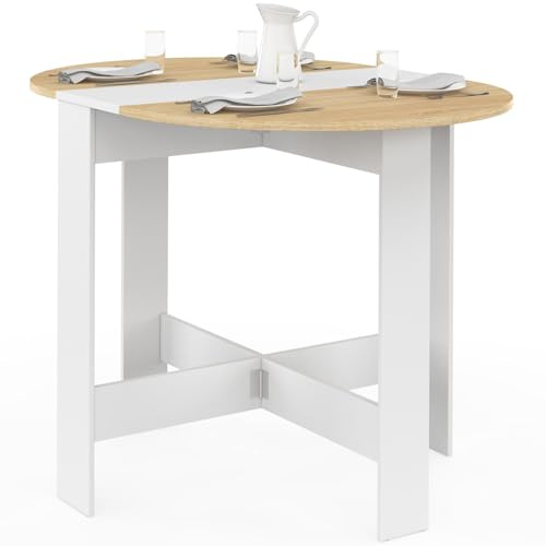 IDMarket - Klappbarer Konsolentisch EDI rund 2-4 Personen Holz weiß Tischplatte in Buchenoptik 103 x 76 cm