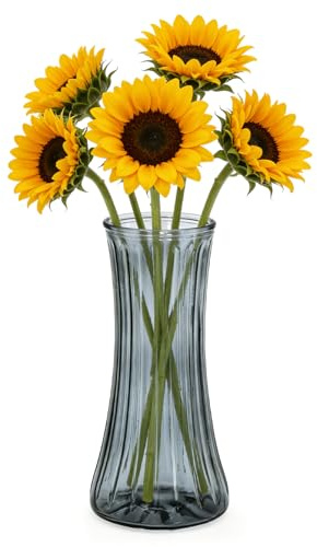 DARENYI Große Vase Glas für Tischdeko Blumenvase, 28cm Hoch, Gerippte | Modern Vasen, Tulpenvase für Pampasgras, Orchideen, Rosen, Grau Vasen Deko Glasvase für Hochzeitsdeko Wohnzimmer Esstisch
