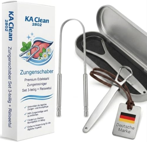 Zungenschaber Edelstahl 3er Set + Reiseetui - 3 Formen Zungenreiniger - optimale Erreichbarkeit - Frischer Atem & saubere Zunge - Für die tägliche Mundhygiene - löst Beläge und Speisereste