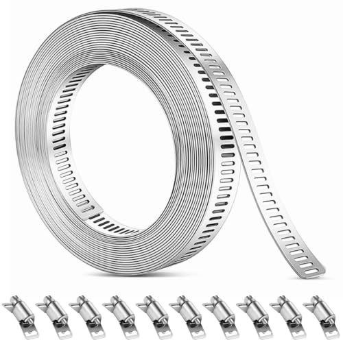 Dexpally 5M Fascette Stringitubo Regolabile Acciaio Inox 304 Cinghia Metallica Forata con 10 Fissaggi Kit Fascette Metalliche Anticorrosive per Tubi Gas Acqua e Condotti