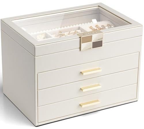 VLANDO Schmuckkästchen Groß, Schmuckaufbewahrung mit 4 Ebenen, PU leader | Schmuckbox für Halsketten,Ohrringe,Uhren,Armbänder,Wohndekoration,Transparente Abdeckung, Geschenk für Damen, Beige