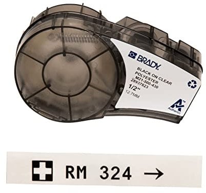 Brady Clear Polyester Labels for M210, M211 Printers – Multi-Purpose Labels for Asset Tracking, Barcode Labelling, Laboratory ID – Black on Transparent (12.70 mm x 6.4 m) – M21-500-430