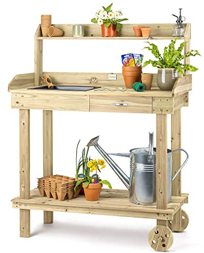 CHRISTOW Garden Potting Table Wooden Germination Work Bench With Wheels, Drawer, Compost Tray (120cm x 90cm x 42cm)