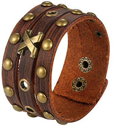 JewelryWe Schmuck Herren Retro Breit Lederarmband Punk Rock Kreuz Nieten geflochten Leder Armreif Manschette Druckknopf Biker Armband verstellbar Braun