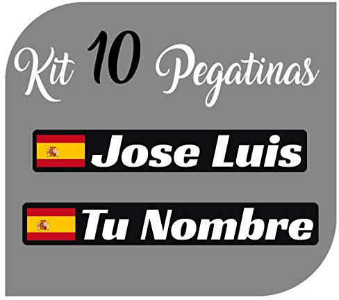 Kit x10 Pegatinas Vinilo Bandera España + tu Nombre - Bici, Casco, Pala De Padel, Monopatin, Coche, Moto, etc. Kit de Diez Vinilos (Pack Fuentes 1)