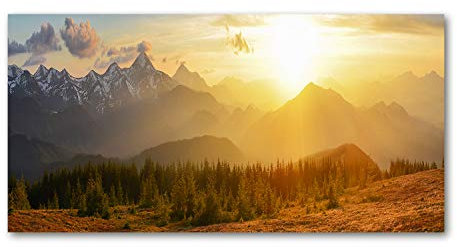 Tulup Glas-Bild Wandbild aus Glas - Wandkunst - Wandbild hinter gehärtetem Sicherheitsglas - Dekorative Wand für Küche & Wohnzimmer 120x60 - Landschaften - Sonne Berge - Gelb