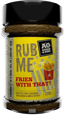 Angus et Oink me frott les frites avec ça? | USA Style Frenries Frises Seashing | Saveurs salées de beurre à l'ail et de bacon | Parfait pour les frites, les quartiers, les nachos | Sans gluten | 225g