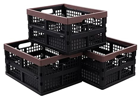 Yesdate Collapsible Storage Crates, Folding Stackable Plastic Boxes, 3-Pack | 15L Black Portable Organizer Bins with Handles, Space-Saving Nesting Design for Home, Office, Garage, Tools