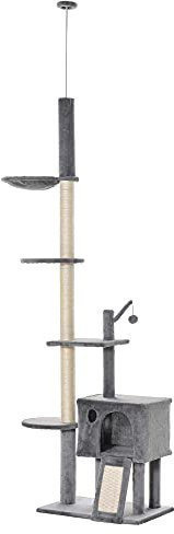 PawHut Árbol Rascador para Gatos Altura Ajustable 238-270 cm Torre para Gatos para Fijar al Techo con Hamaca Cueva Rampa Bola de Juego 60x40x270 cm Gris Claro