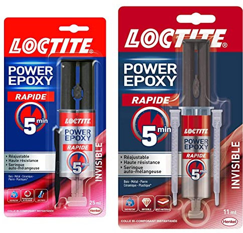 Loctite Colle Power Epoxy Rapide 5 Minutes 25 ml, Colle epoxy réajustable, colle forte résistante avec seringue auto-mélangeuse, colle résine epoxy transparente & Power Epoxy Rapid 5 min - 11ml