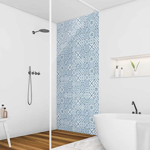 Bilderwelten Duschrückwand Aluverbundplatte 210x90 cm Musterfliesen Blau Weiß Bad-Rückwand Motiv fugenlose Wandverkleidung Dusche