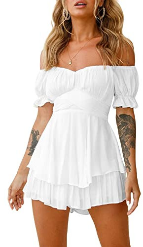 Acrawnni Women Puff Sleeve Dress Off Shoulder Smocked Bodycon Mini Dress Casual Ruched Boat Neck Ruffled A-Line Flowy Short Dress (B-White, L)