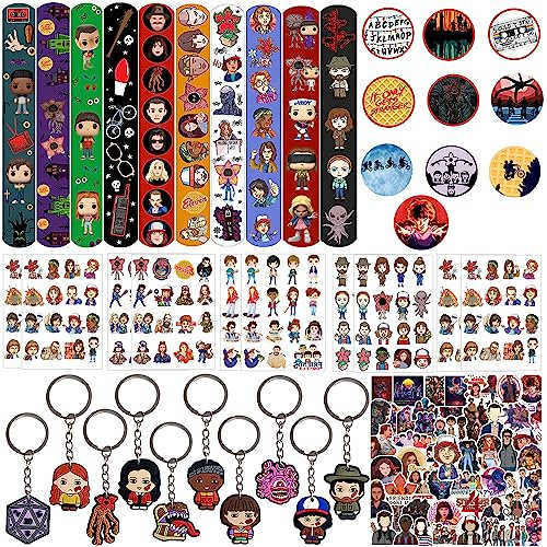 Yrmysrx Stranger Party Favors Geschenk-Set enthalten 10 Slap Armbänder, 10 Abzeichen, 10 Schlüsselanhänger, 10 Blatt temporäre Tattoo, 50 Aufkleber für Geburtstag Party Dinge liefert