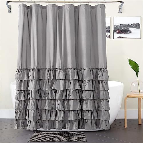 LIVEINU Farmhouse Duschvorhang mit Rüschen und Blumenmuster Duschvorhang Set Vintage Badezimmer Dekor Shabby Chic mit 12 Haken, Rock Grau180x180cm