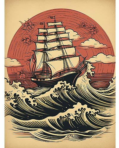 Artery8 Ship Sailing in Rough Sea Waves Retro Rockabilly Americana 50s Unframed Wall Art Print Poster Home Decor Premium