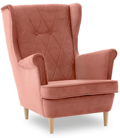 Ohrensessel CREM, Sessel Wohnzimmer, samt, Ohrensessel bunt. Loungesessel Fernsehsessel Relaxsessel Wohnzimmersessel Couchsessel Armsessel Polstersessel Lounge (Kronos 29, Füße Farbe Natürlich)