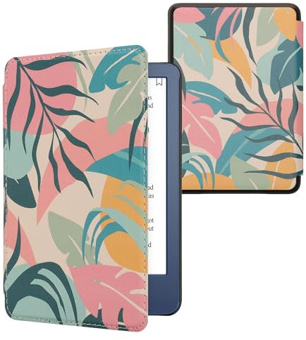 kwmobile Étui Compatible avec Amazon Kindle (2022/2024) Coque - Étui à Rabat magnétique Tablette eReader Similicuir - Rose Clair-Jaune-Vert
