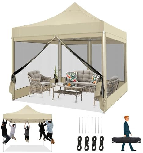 COBIZI Gazebo 3x3M Pieghevole Impermeabile con Zanzariera, Gazebo Esterno Resistente Robusto Richiudibile da Giardino, Kaki