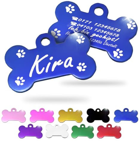 Ibera gifts - Hundemarke mit Gravur und personalisierte Hundemarke in Knochenform für mittelgroße bis große Hunde und Katzen (Blau, Pfoten)