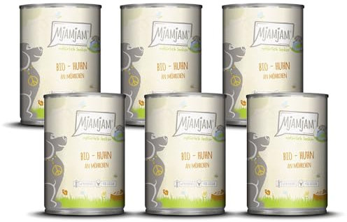 MjAMjAM – Premium Nassfutter für Hunde - natürlich lecker – Bio Huhn an Möhrchen,6er Pack (6 x 400g), getreidefrei mit extra viel Fleisch