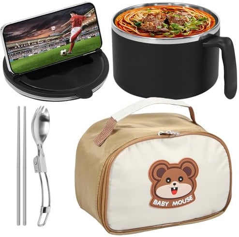 Alongen Ramen Bowl with Handle and Lid, 1200ml Large Instant Noodle Bowl with Insulation Bag Chopstick, 304 Stainless Steel Noodle Bowl Set BPA Free Instant Noodle Bowl for Home Dorm Office