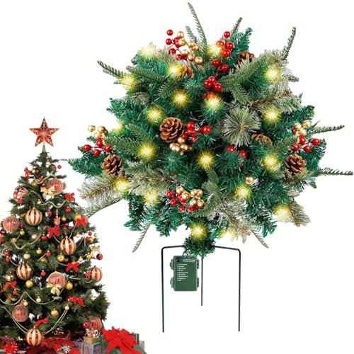 Árbol de Navidad Artificial Iluminado, Decoración Navideña para Maceteros con 8 Modos de Iluminación, Pequeños Pinos Navideños Pre-Iluminados, Iluminación Exterior a Pilas para Maceteros Decoración