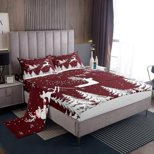 Homewish Merry Christmas Bed Sheets Set White Christmas Tree Sheets,Santa Claus Sheet Set Single,Xmas Snowflake Elk Deer Bedding Set Chocolate Christmas Decorations