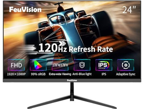 FeuVision 24inch Computer Monitor, FHD 1080p, 120Hz PC Monitor, 4ms Response Time, 3-Sided Frameless, Ultra Slim, VESA Mountable, Anti-Blue Light Design, HDMI&VGA port (60Hz for PS5)