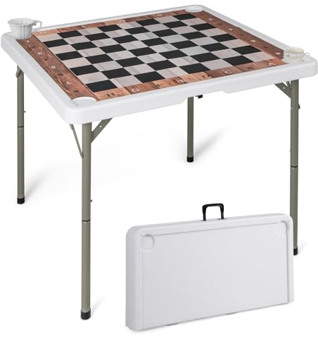 COSTWAY Table d'échecs Pliable 90x90cm avec Tapis & 4 Porte-gobelets, Table Carrée de Jeu en Plastique Portable avec Poignée & Patins Antidérapants, Echiquier pour Fête Pique-Nique Camping
