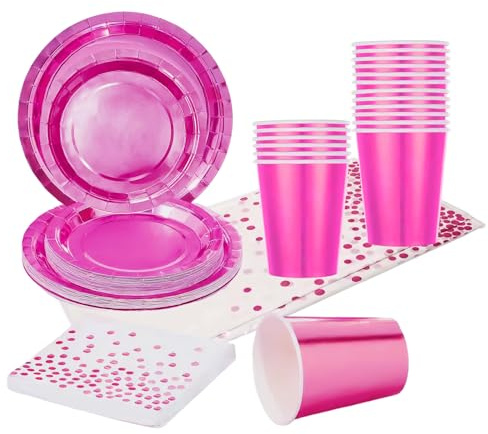 97 stoviglie metallizzate rosa acceso per feste, piatti di carta laminata, bicchieri, tovaglioli a pois e tovaglia, kit di stoviglie di carta lucida per grigliate e decorazioni per la tavola