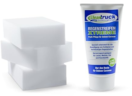 CleanTruck® Regenstreifen Xtreme Set | Profi-Politur 150ml + 3 Schwämme | Entfernt eingebrannte Regenstreifen, Schlieren & Schmutz | Silikonfreie Lackpflege für Caravan, Wohnmobil