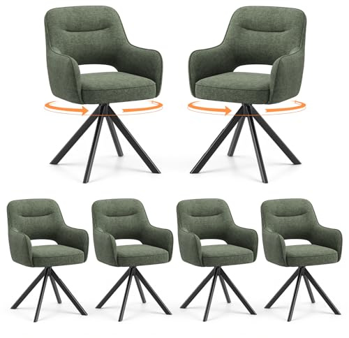 COLAMY Drehbare Esszimmerstühle 6er Set mit Armlehnen, Drehbare Polsterstühle für Küche & Esszimmer aus weichem Florstoff mit Metallgestell und Rückenlehne, für Esszimmer, Küche, Büro,Grün